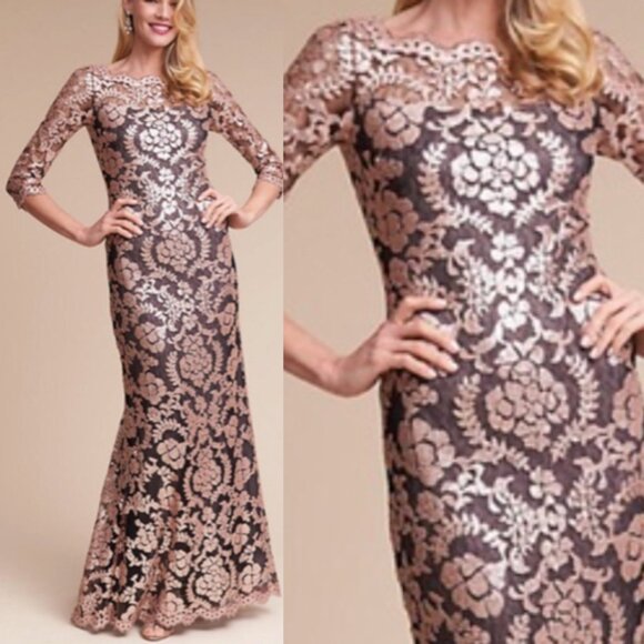 NWT TADASHI SHOJI Sequin Paillette Embroidered Lace illusion Gown Dress size 4 - Picture 1 of 2